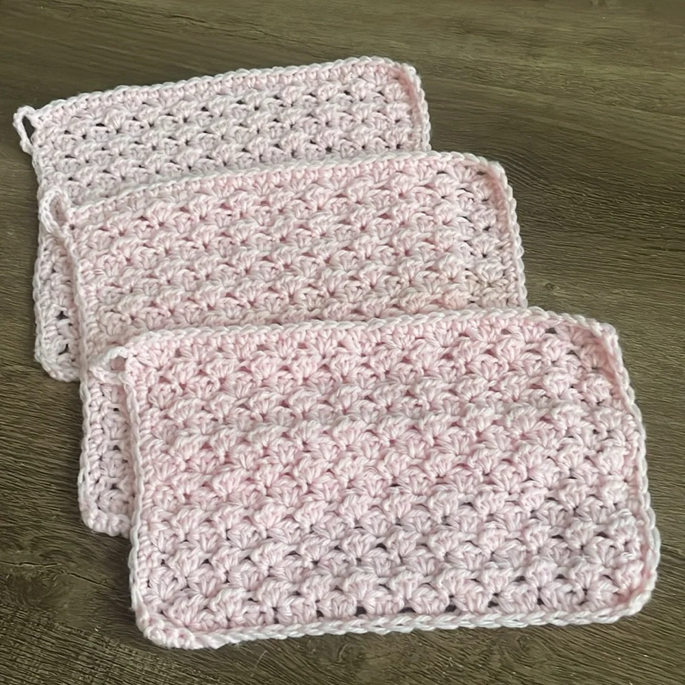 Handcrafted Crochet Wash Cloths Set 3 Solid Baby Pink Yarn Handmade Baby Wipes